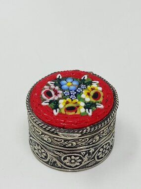 Vintage Italian Micro Mosaic Floral Pill Box / Trinket Box